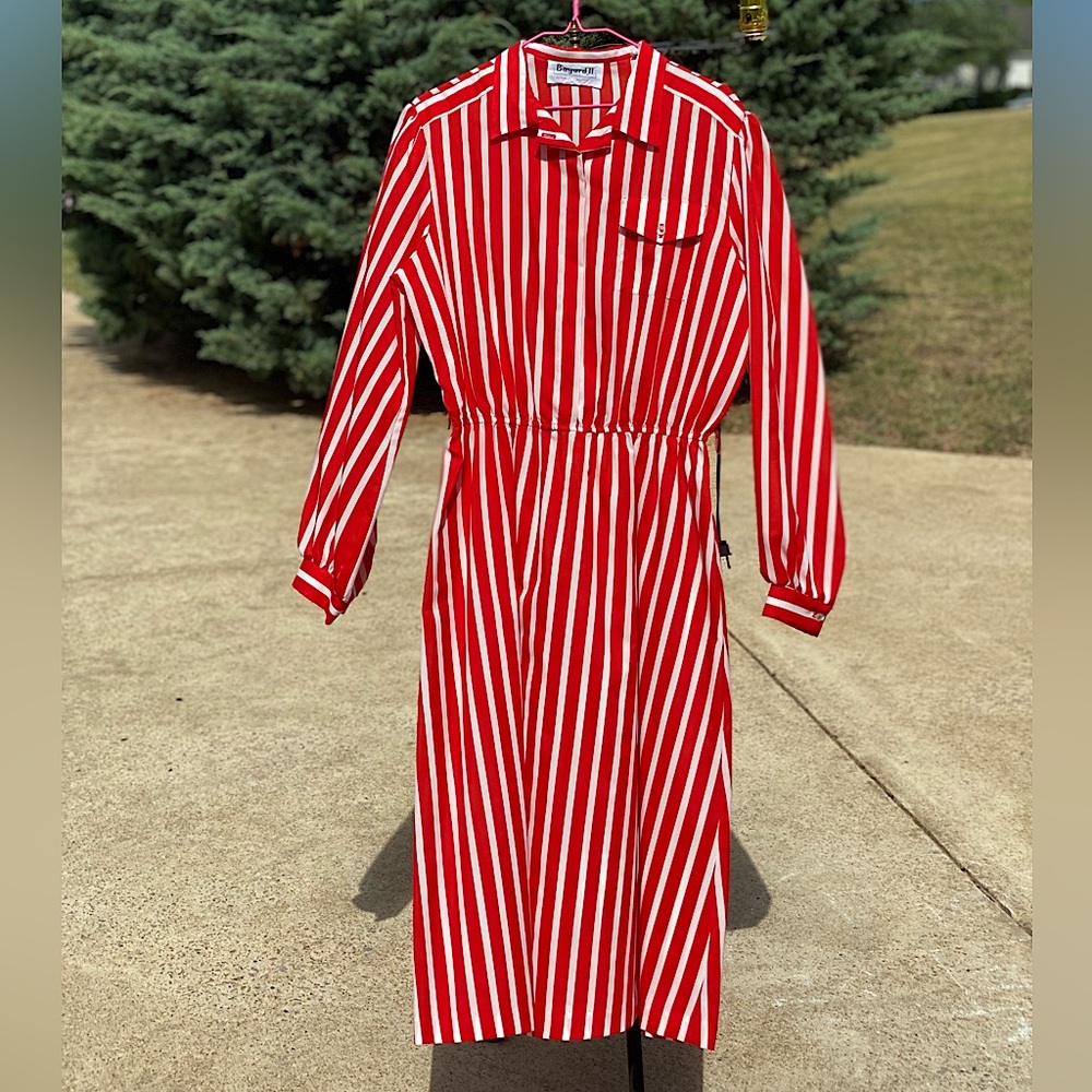 1960s •Red & White Striped Shirt Dress •Bayard II by Paul Leopold •Size 16
